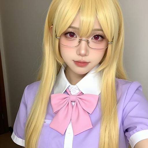 Blonde Woman in Purple Shirt