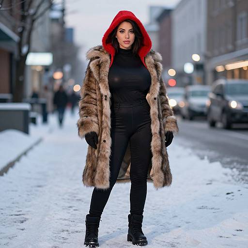 Photograph of a woman with a red hooded fur coat, black turtleneck, and pants, standing in a snowy urban street.
