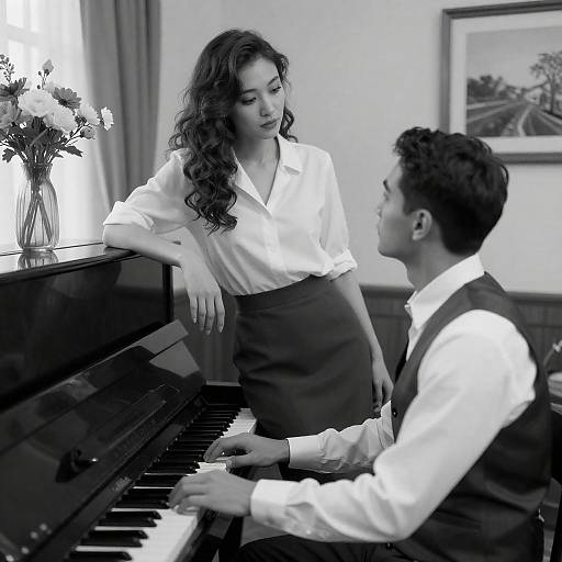 Vintage Black-and-White Couple at Piano