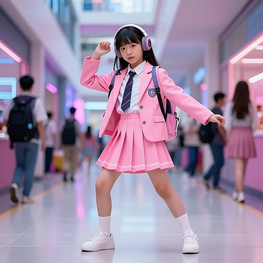 Photorealistic digital image of an Asian girl in a pink school uniform, white socks, and white sneakers, striking a confident pose in a brightly lit