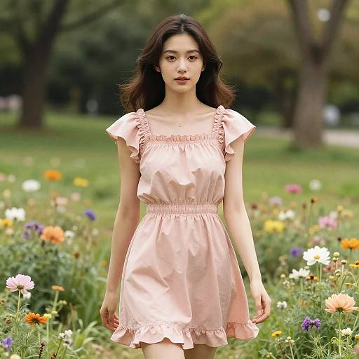 Photograph of an Asian woman with long dark hair, wearing a pink, short-sleeved dress, standing in a vibrant, flower-filled park.