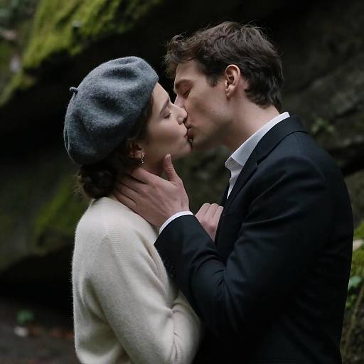 Intimate Kiss in a Moss-Covered Cave