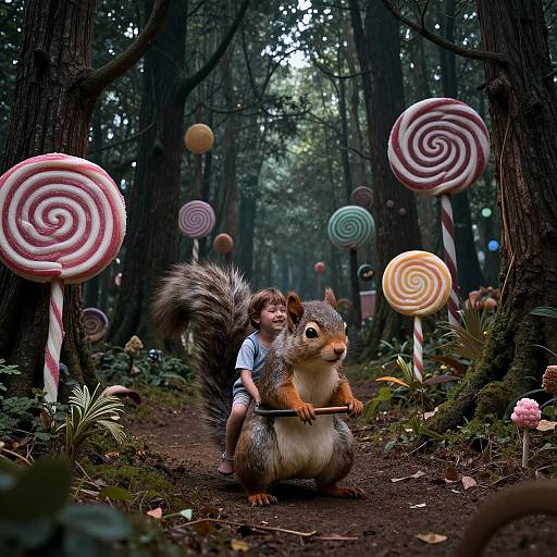 Photograph: Fantasy forest scene with a large, gray squirrel holding a stick, a child sitting behind, surrounded by giant, colorful swirl candy and mushrooms