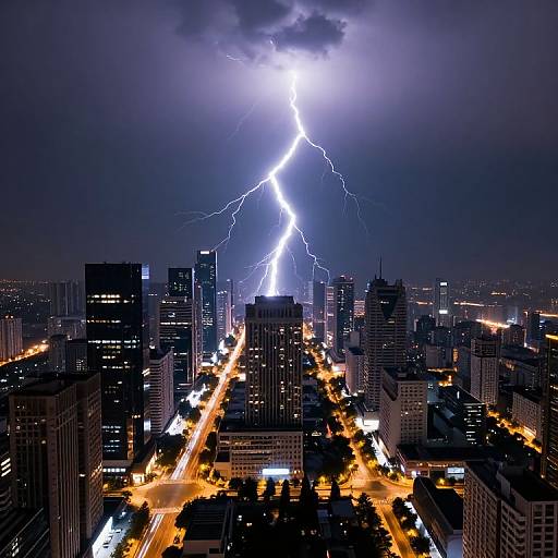 Photograph of a cityscape at night, illuminated by a bright, jagged lightning bolt striking down from a dark, stormy sky, with street