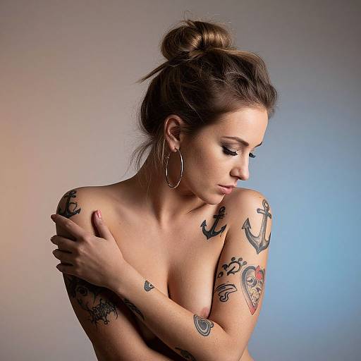 Thoughtful Woman with Tattoos