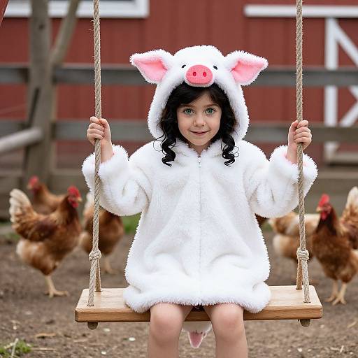 Photograph of a young girl with curly black hair, wearing a white, fuzzy pig-themed hooded onesie, sitting on a wooden swing in a