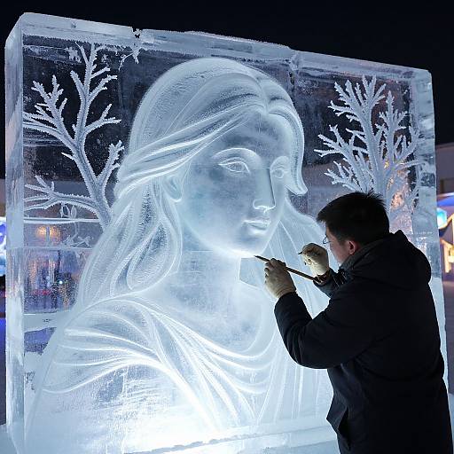 Photograph of an artist carving a glowing, detailed ice sculpture of a woman with flowing hair, surrounded by white ice branches, illuminated in a dark night