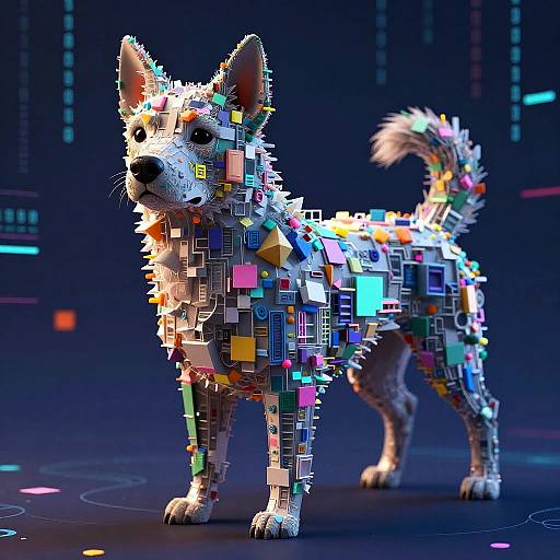 Digital CGI of a pixelated, colorful dog with a futuristic, glowing appearance, standing against a dark, neon-lit background. Vibrant squares and