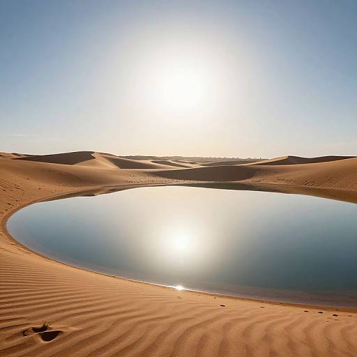Photograph of a serene desert landscape with a bright sun reflecting on a circular, calm water pool surrounded by undulating sand dunes.