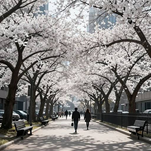 Photograph of a sunlit, tree-lined path with blooming cherry blossoms. Silhouetted people walk beneath the bright, white flowers.