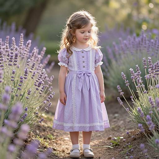 Photograph of a young girl with curly brown hair wearing a lavender dress, standing in a sunlit lavender field, surrounded by blooming lavender flowers.