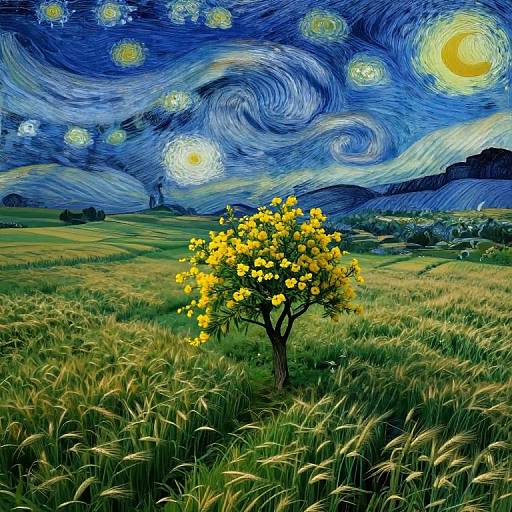 Starry night landscape painting by Vincent van Gogh: vibrant yellow flowers in a grassy field under swirling blue sky with bright stars and a crescent
