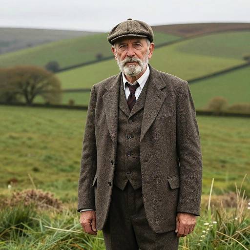 Elderly man with gray beard and mustache, wearing dark brown tweed suit and flat cap, standing in a green, rolling countryside field.