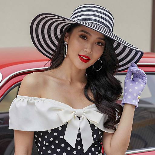 Elegant Asian Woman in Polka Dot Dress and Striped Sunhat