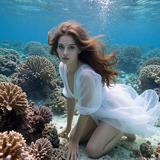 Photograph of a red-haired woman in a translucent white dress, kneeling underwater among colorful coral reefs, with sunlight filtering through the water.