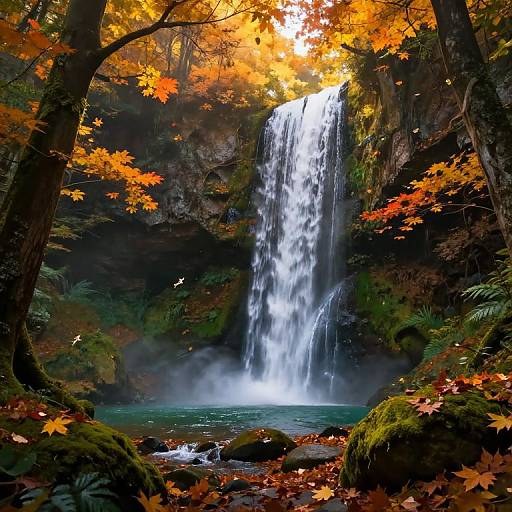 Photograph of a vibrant, autumn forest waterfall with a cascading white waterfall, surrounded by orange and red leaves, moss-covered rocks, and misty