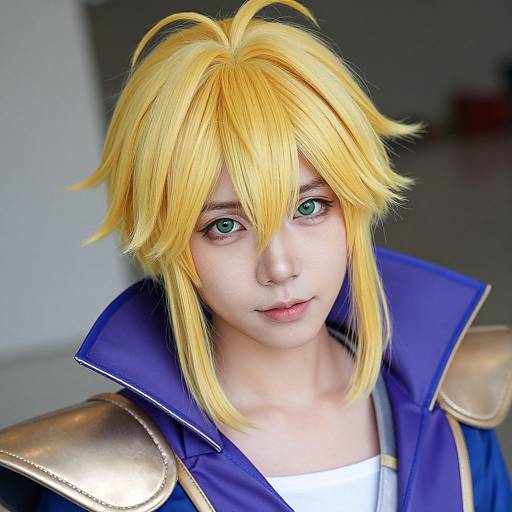 Photograph of a young man with bright yellow, shaggy blonde hair, green eyes, and blue and gold cosplay outfit, looking directly at the