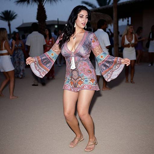 Photograph of a curvy woman with long black hair in a colorful, patterned, deep V-neck dress, holding out sleeves, standing on a
