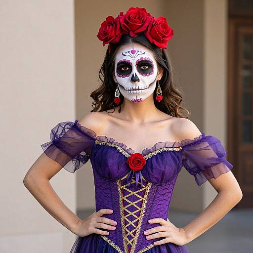 Photograph of a woman in a Day of the Dead-themed dress, white skull mask, red flower crown, purple dress with lace corset, red