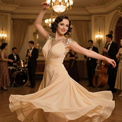 Vintage-style photograph of a smiling brunette woman in a flowing, cream-colored, sleeveless dress with sparkly shoulders, dancing in an elegant, warmly lit