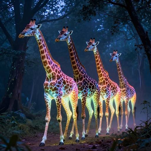 Photograph of four glowing giraffes with neon patterns standing in a dark, mystical forest under a blue, moonlit sky.