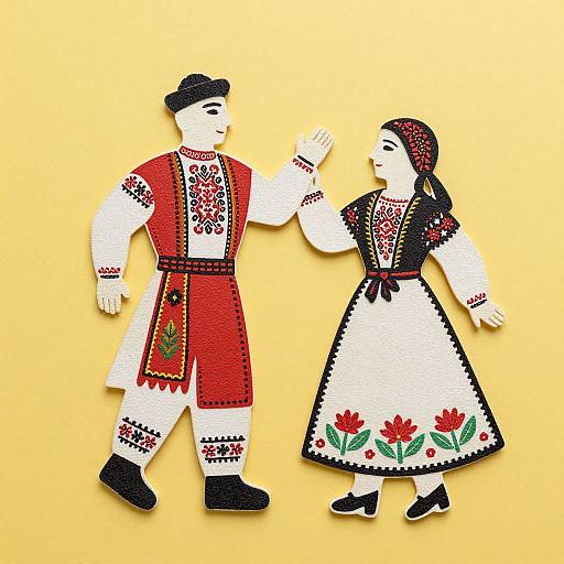 Colorful digital illustration of a traditional Eastern European couple in red and white embroidered attire, walking and waving on a yellow background.