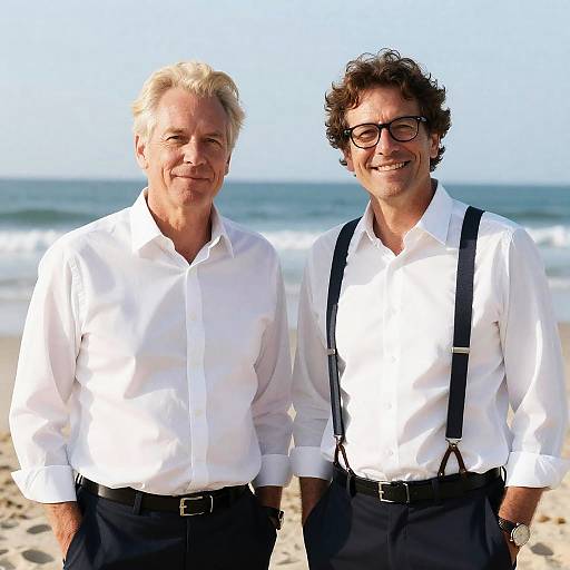 Two Men in White Shirts on Beach