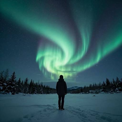 Silhouetted person stands in snowy landscape, gazing at vibrant green and blue Northern Lights swirling in the night sky. Photographic image.