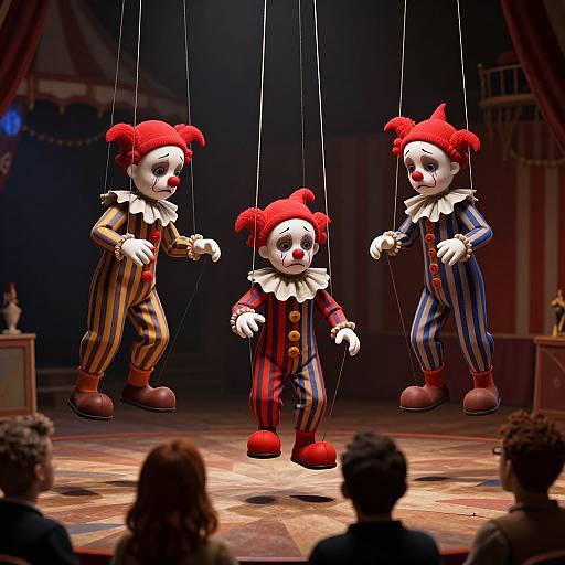 Photograph of three hanging clown puppets with red hair, white faces, striped pants, and ruffled collars performing on a circus stage.