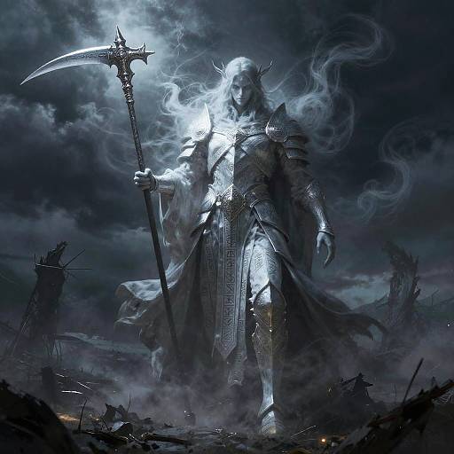 Ethereal, armored figure with glowing white hair and halo-like light, wielding a scythe, stands amid a dark, stormy, post-ap