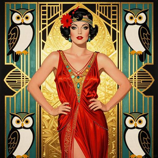 Glamorous Art Deco Woman with Owls