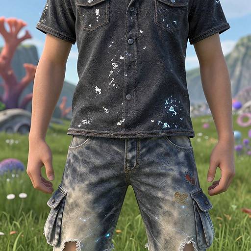 Photorealistic digital image of a man in a worn, paint-splattered black shirt and distressed blue jeans, standing in a colorful, grassy