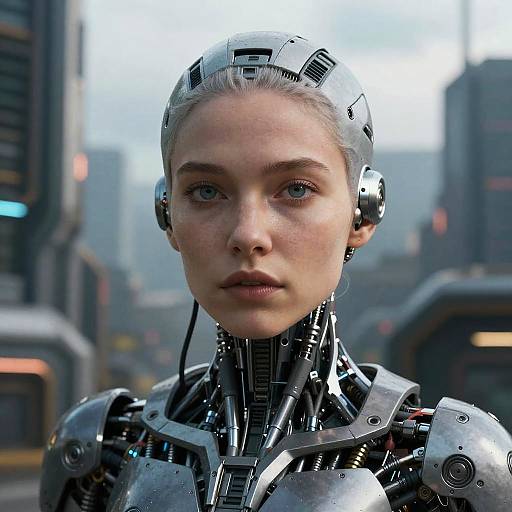 Photorealistic Cyborg Woman in Cyberpunk City