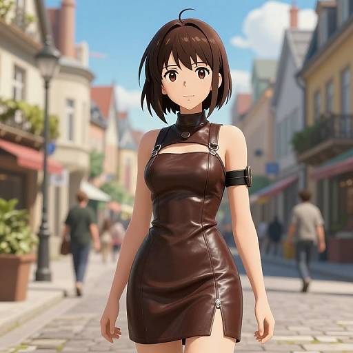 Digital anime-style illustration of a short-haired brown-haired woman in a black leather dress, standing in a sunlit, bustling European street.