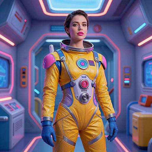 Photorealistic CGI of a confident woman in a neon-lit sci-fi spaceship, wearing a yellow, high-tech spacesuit with blue gloves and colorful