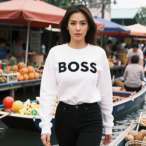 Photograph of an Asian woman with straight black hair, wearing a white 