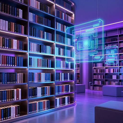 Photograph of a modern library with neon blue and purple-lit shelves filled with books, illuminated by futuristic neon wall art.