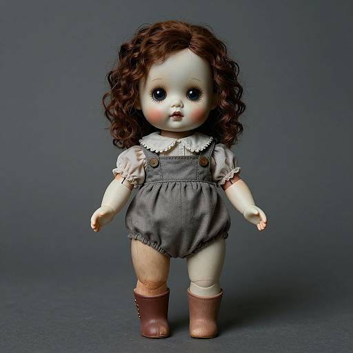 Photograph of a vintage porcelain doll with curly brown hair, blue eyes, pale skin, wearing a gray pinafore dress, white blouse, and
