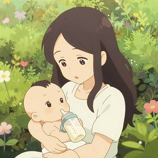 Digital anime-style illustration of a young woman with long black hair, wearing a white shirt, gently holding a baby with a bottle, amidst a vibrant,