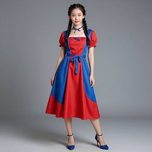 Photograph of an Asian woman in a red and blue Alice in Wonderland-inspired dress with puffed sleeves, braided hair, and blue heels, standing