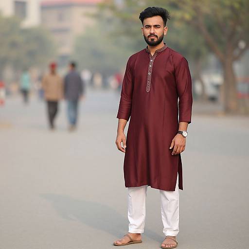 Photograph-style digital rendering of a bearded South Asian man in a maroon kurtah and white pants, standing barefoot on a blurred street