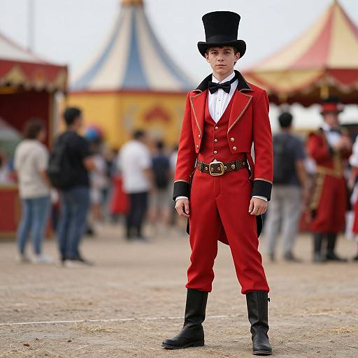 Photograph of a young boy in a red 19th-century military uniform, black top hat, white shirt, standing in a busy circus-like setting