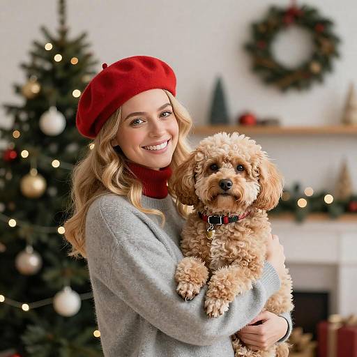 Smiling Woman Holding Curly-Haired Dog at Christmas