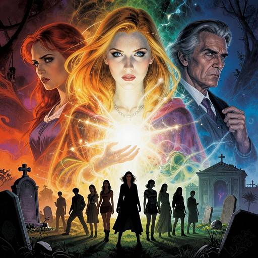Digital artwork: Brightly lit, fiery-eyed woman in center, flanked by red-haired and graying-haired figures, silhouetted people in