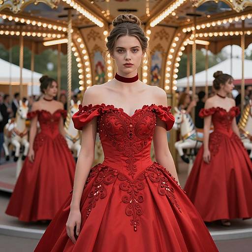 Young Woman in Red Ball Gown at Carousel