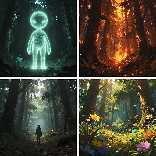 Photographic collage of a glowing, translucent figure in a dark forest, fiery forest, misty forest, and colorful forest with flowers.