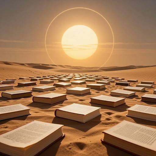 Photograph of open books scattered in a sunlit desert, with a glowing sun and circular halo in the sky.