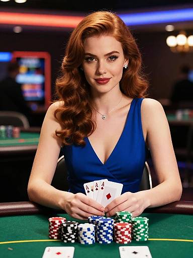 Photorealistic digital image of a red-haired woman in a blue dress, holding Ace of Hearts, seated at a poker table with colorful chips.