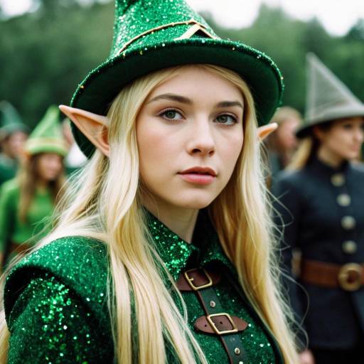 Blonde Elf Woman in Green Glitter Costume