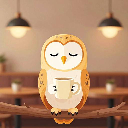 Cozy Fluffy Barn Owl with Mug